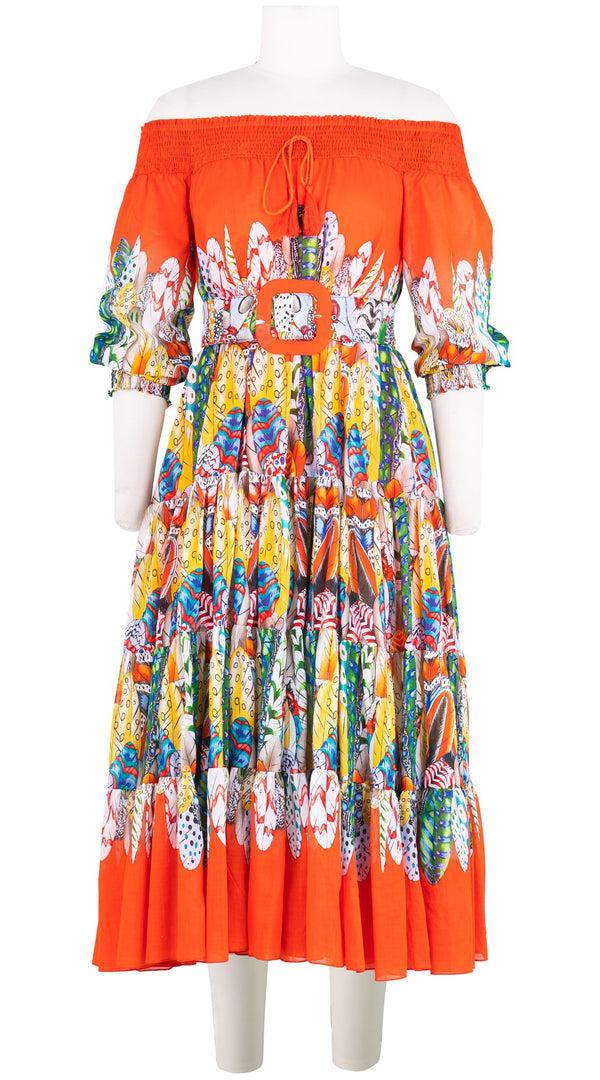 samantha sung Eden Dress Off Smock Shoulder 3/4 Smock Sleeve Midi Length Cotton Musola (African Feather)