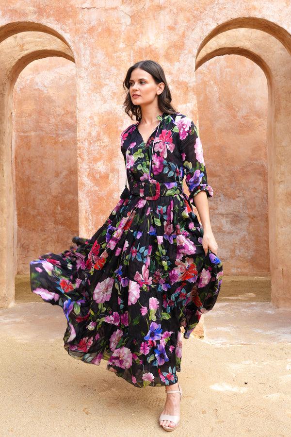 Samantha Sung Eva Dress Crew Neck 3/4 Sleeve Maxi Length Cotton Musola (Fiori Florance)