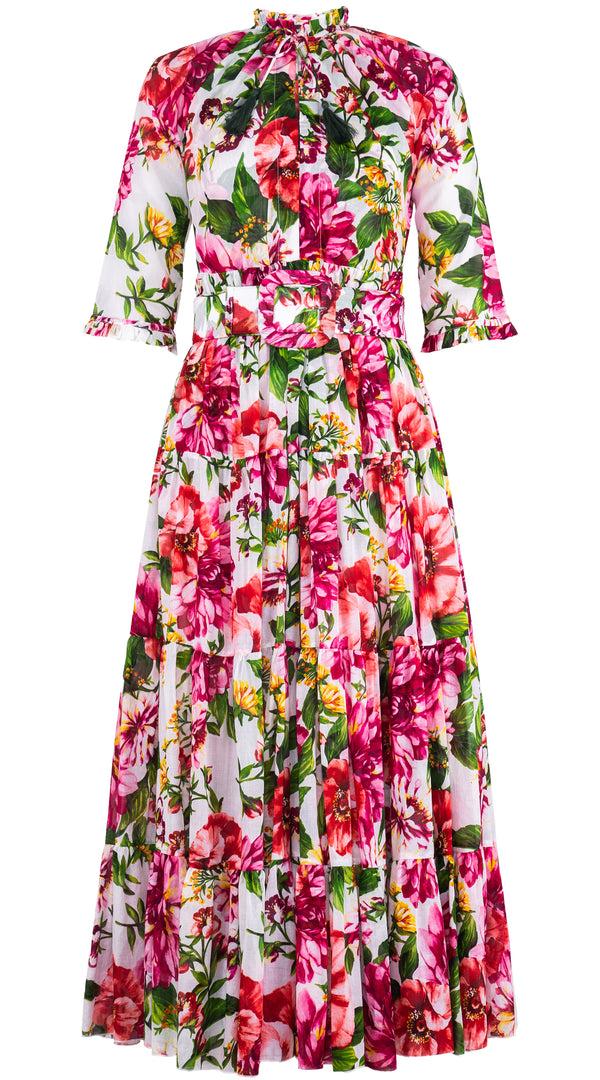 Samantha Sung Eva Dress Crew Neck 3/4 Sleeve Maxi Length Cotton Musola (Los Cabos Flower) 6