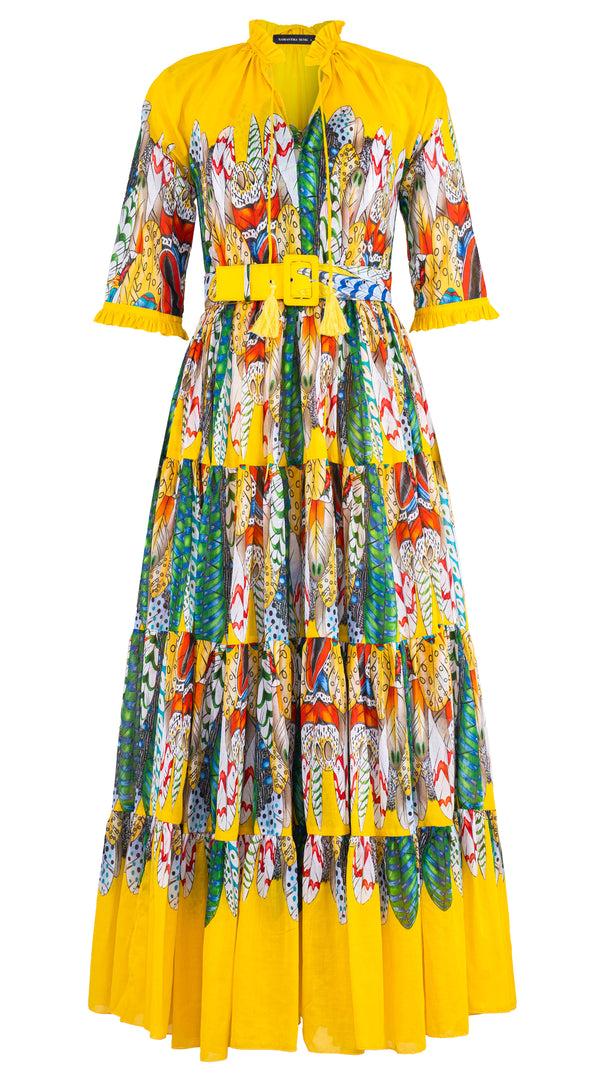 Samantha Sung Eva Dress Crew Neck 3/4 Sleeve Maxi Length Cotton Musola (African Feather) XS-XL