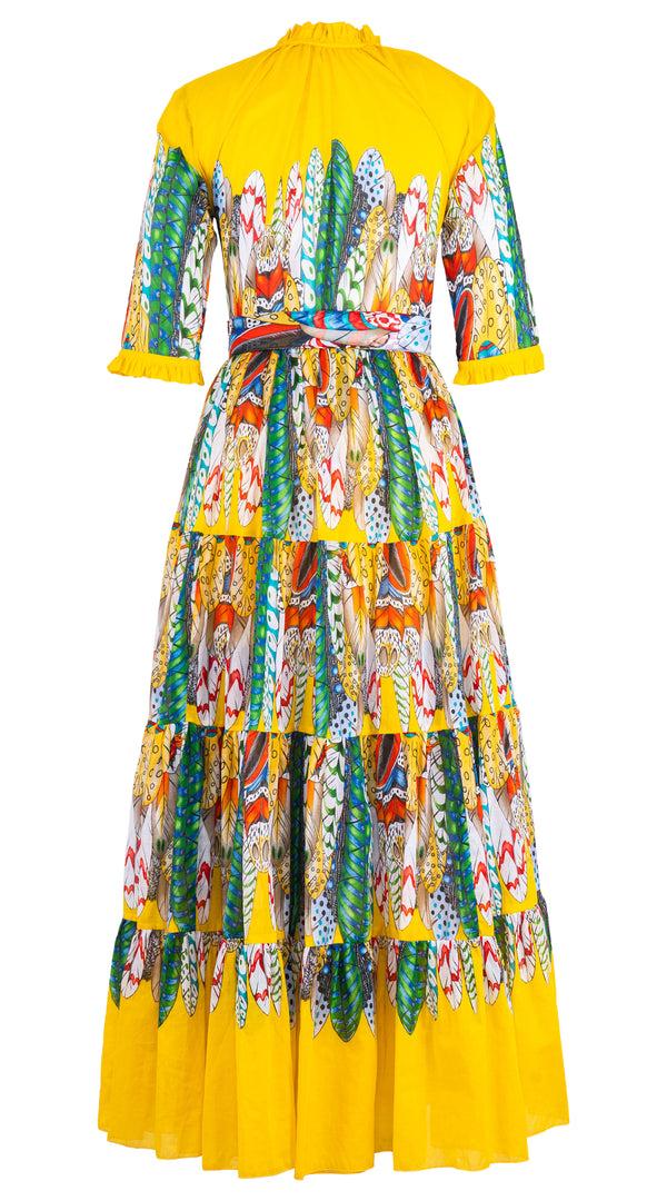 Samantha Sung Eva Dress Crew Neck 3/4 Sleeve Maxi Length Cotton Musola (African Feather) XS-XL