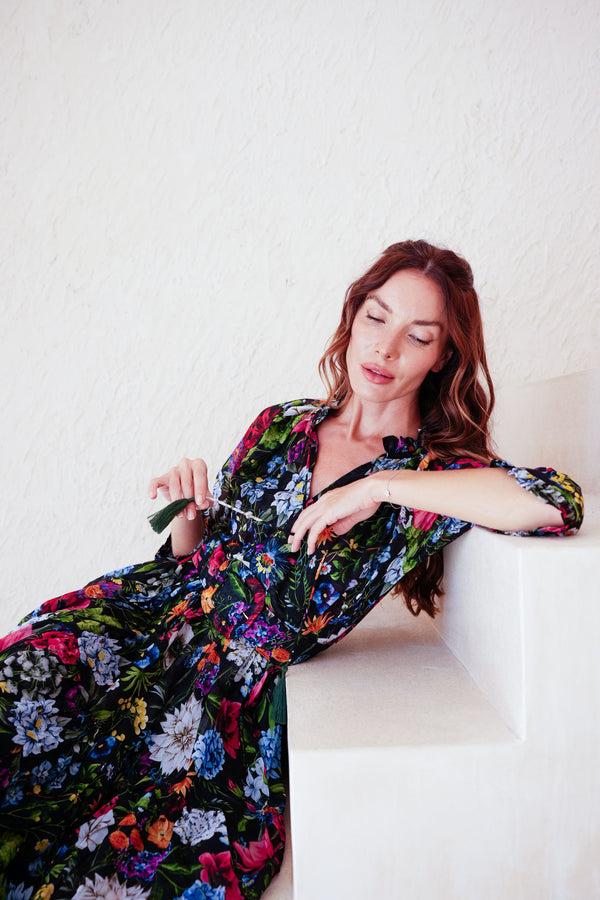 Samantha Sung Eva Dress Crew Neck 3/4 Sleeve Maxi Length Cotton Musola (Multicolor Botanic Small)