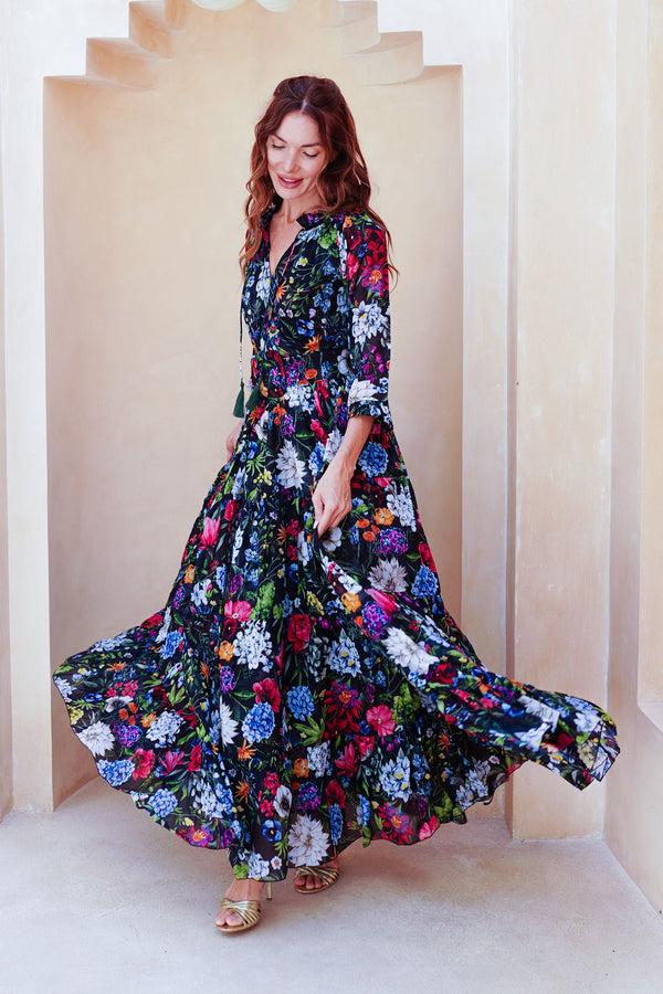 Samantha Sung Eva Dress Crew Neck 3/4 Sleeve Maxi Length Cotton Musola (Multicolor Botanic Small)