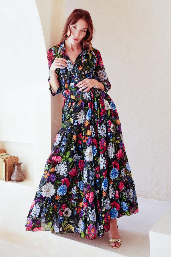 Samantha Sung Eva Dress Crew Neck 3/4 Sleeve Maxi Length Cotton Musola (Multicolor Botanic Small)