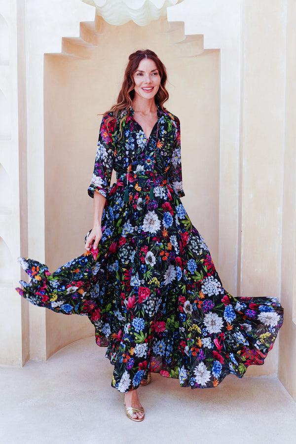 samantha sung Eva Dress Crew Neck 3/4 Sleeve Maxi Length Cotton Musola (Multicolor Botanic Small)