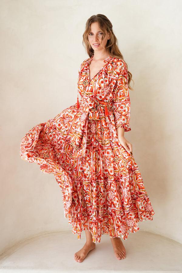 Samantha Sung Eva Dress Crew Neck 3/4 Sleeve Maxi Length Cotton Musola (Caribbean Tile)