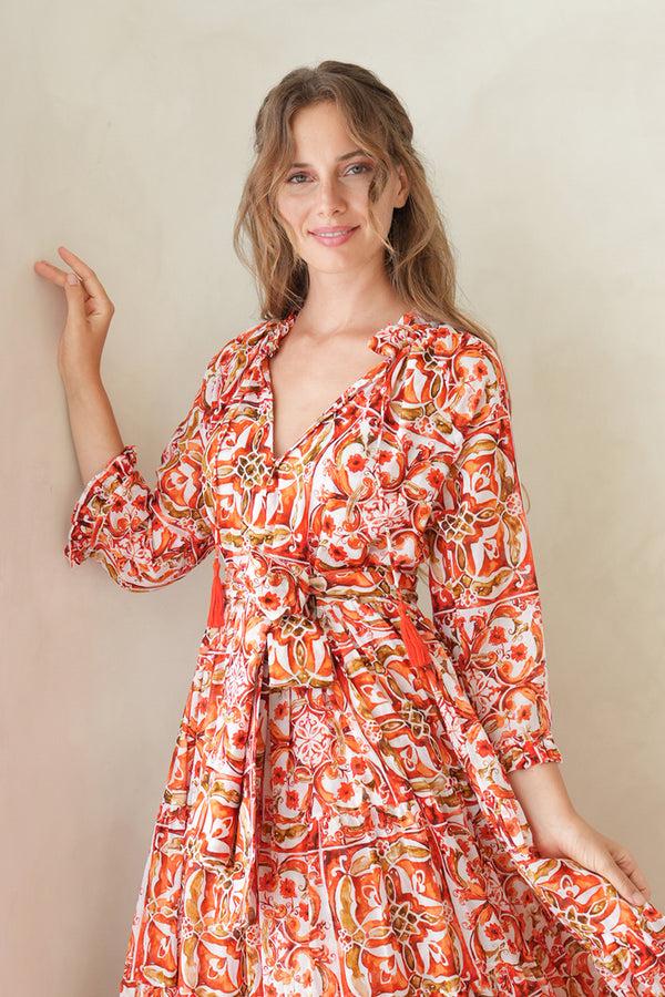 Samantha Sung Eva Dress Crew Neck 3/4 Sleeve Maxi Length Cotton Musola (Caribbean Tile)