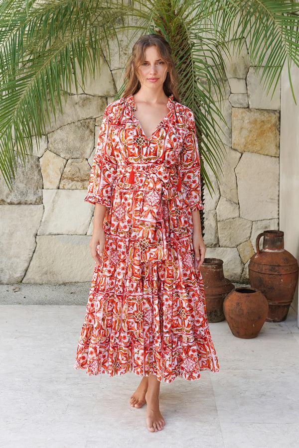 samantha sung Eva Dress Crew Neck 3/4 Sleeve Maxi Length Cotton Musola (Caribbean Tile)