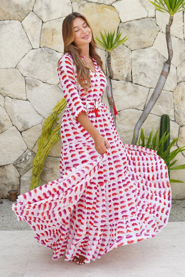 Samantha Sung Eva Dress Crew Neck 3/4 Sleeve Maxi Length Cotton Musola (Watercolor Lips)