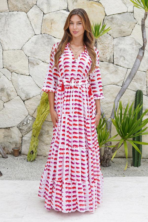 samantha sung Eva Dress Crew Neck 3/4 Sleeve Maxi Length Cotton Musola (Watercolor Lips)