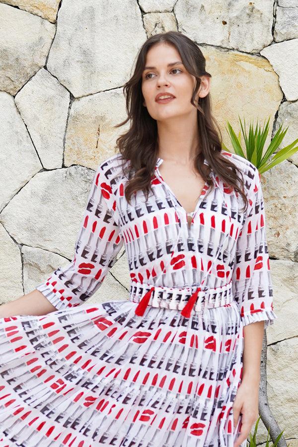 Samantha Sung Eva Dress Crew Neck 3/4 Sleeve Maxi Length Cotton Musola (Lipstic Rouge White)