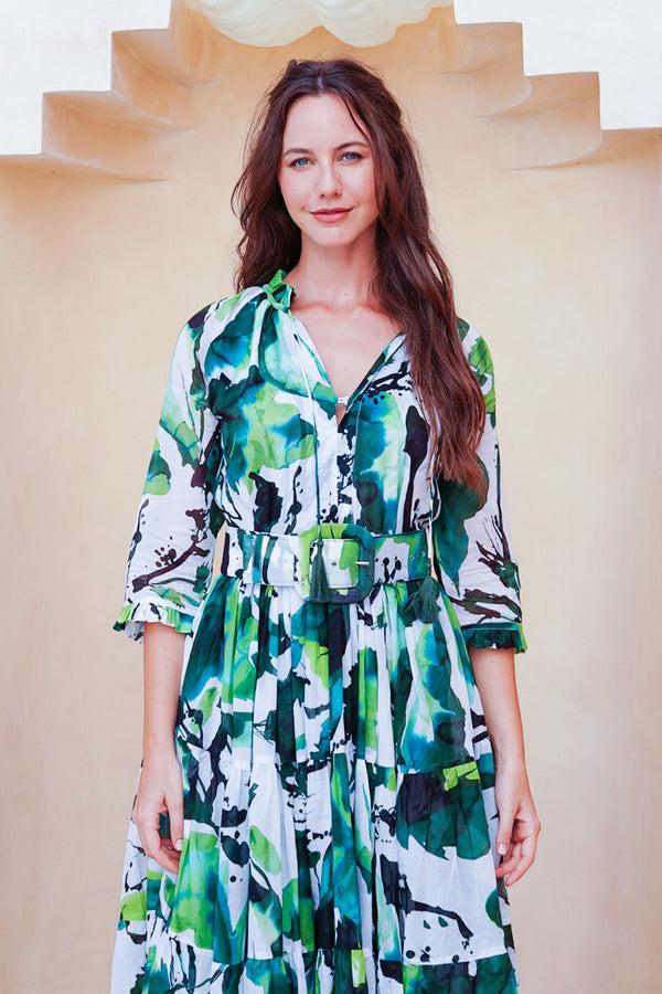 Samantha Sung Eva Dress Crew Neck 3/4 Sleeve Maxi Length Cotton Musola (Watercolor Foliage White)