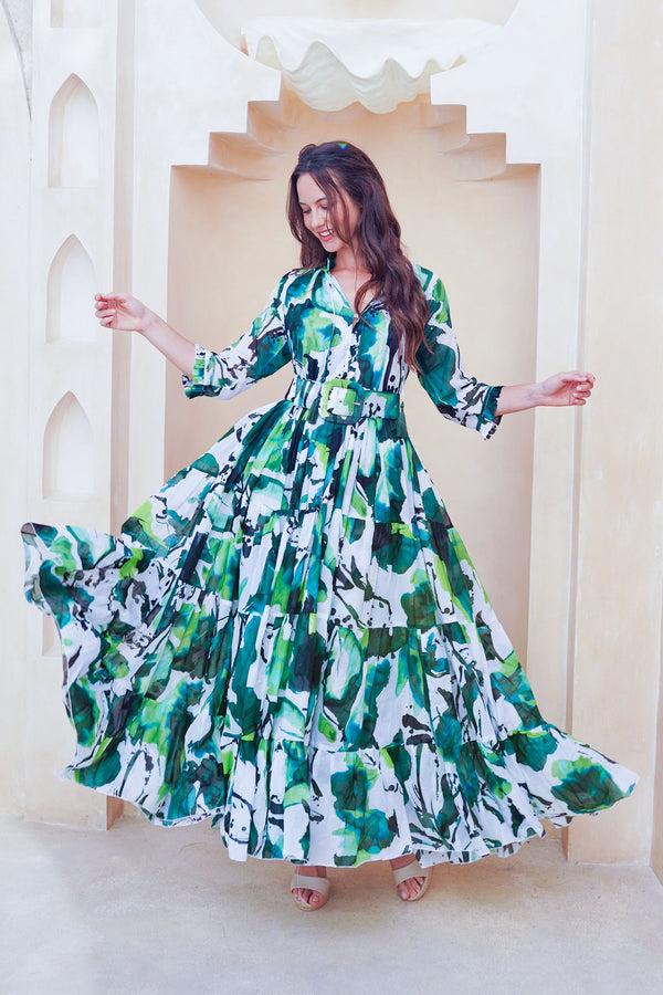 Samantha Sung Eva Dress Crew Neck 3/4 Sleeve Maxi Length Cotton Musola (Watercolor Foliage White)