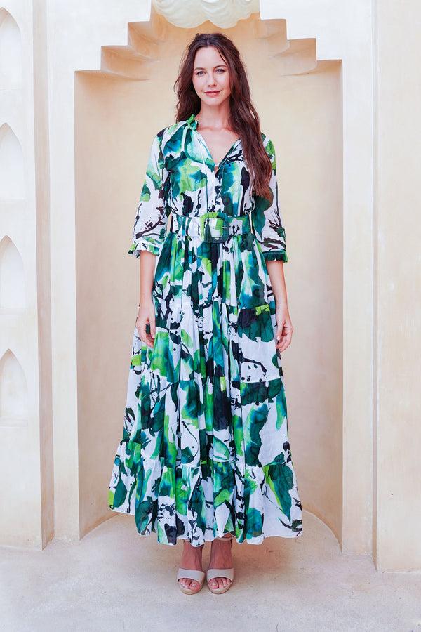 samantha sung Eva Dress Crew Neck 3/4 Sleeve Maxi Length Cotton Musola (Watercolor Foliage White)