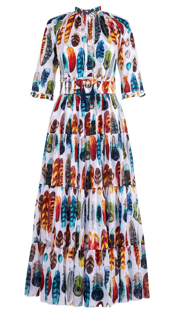 samantha sung Eva Dress Crew Neck 3/4 Sleeve Maxi Length Cotton Musola (Paradise Feather)