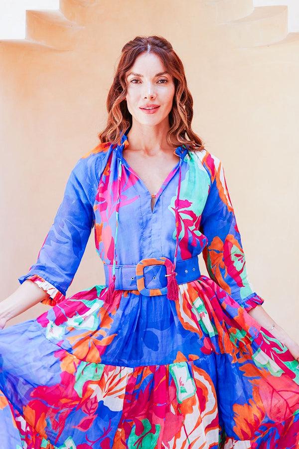 Samantha Sung Eva Dress Crew Neck 3/4 Sleeve Maxi Length Cotton Musola (Spanish Garden)