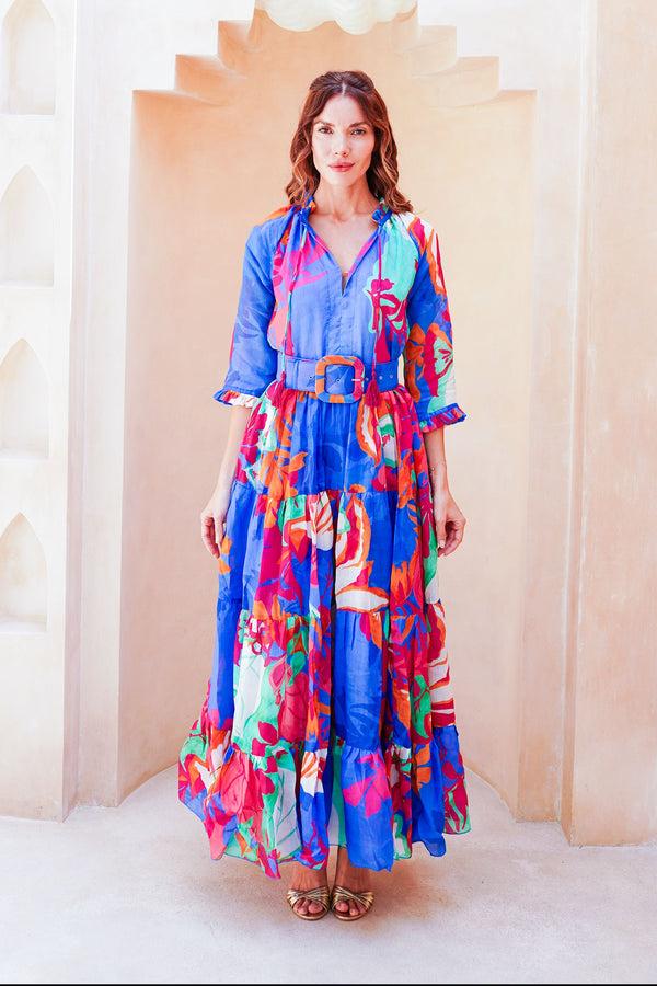 Samantha Sung Eva Dress Crew Neck 3/4 Sleeve Maxi Length Cotton Musola (Spanish Garden)