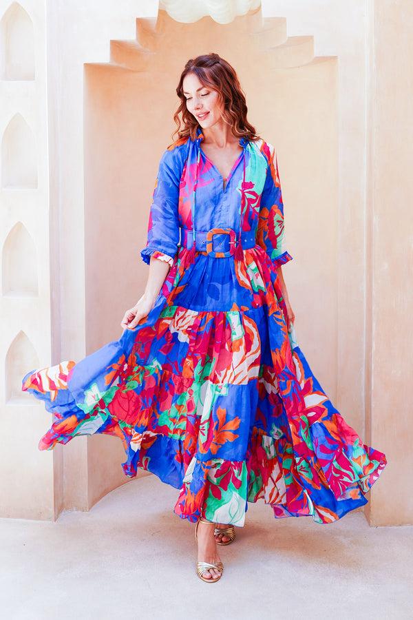 samantha sung Eva Dress Crew Neck 3/4 Sleeve Maxi Length Cotton Musola (Spanish Garden)