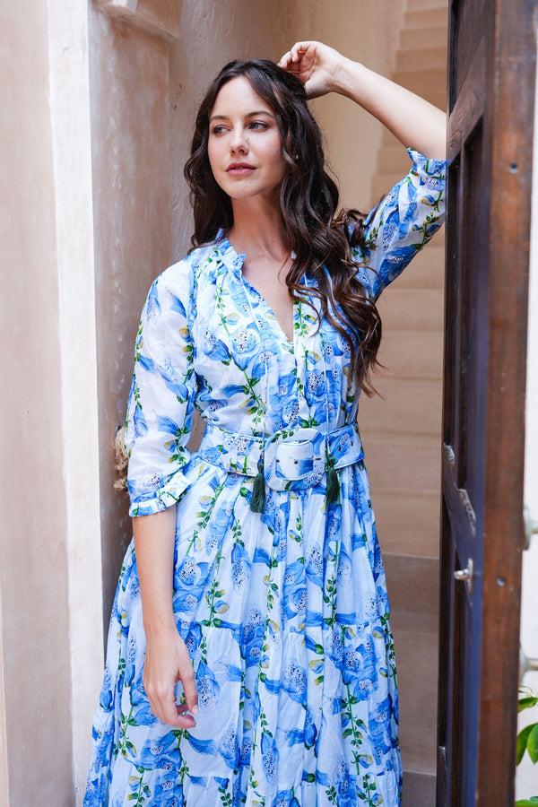 Samantha Sung Eva Dress Crew Neck 3/4 Sleeve Maxi Length Cotton Musola (Fox Glove Flower Small Pastel)