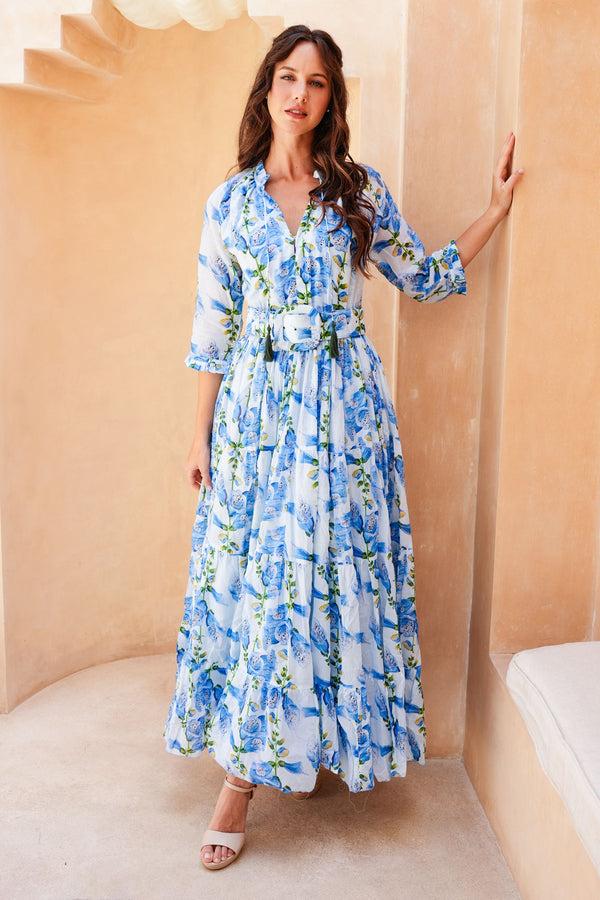 Samantha Sung Eva Dress Crew Neck 3/4 Sleeve Maxi Length Cotton Musola (Fox Glove Flower Small Pastel)