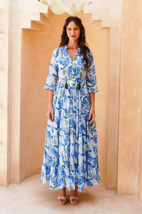 samantha sung Eva Dress Crew Neck 3/4 Sleeve Maxi Length Cotton Musola (Fox Glove Flower Small Pastel)