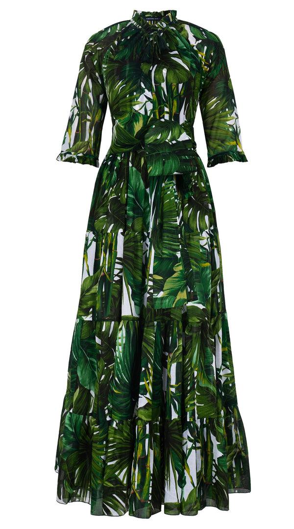 Samantha Sung Eva Dress Crew Neck 3/4 Sleeve Maxi Length Cotton Musola (Honolulu Palm)