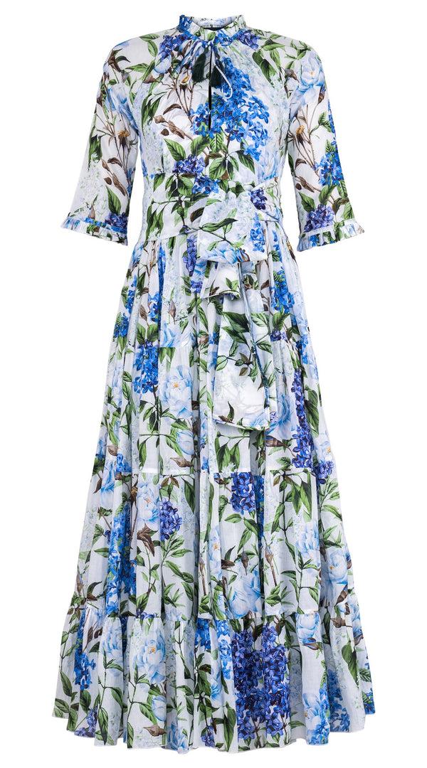 Samantha Sung Eva Dress Crew Neck 3/4 Sleeve Maxi Length Cotton Musola (Lilac Heaven White)