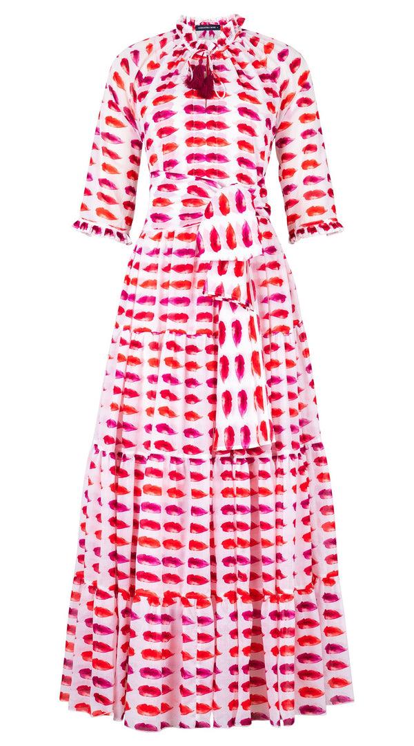 Samantha Sung Eva Dress Crew Neck 3/4 Sleeve Maxi Length Cotton Musola (Watercolor Lips)