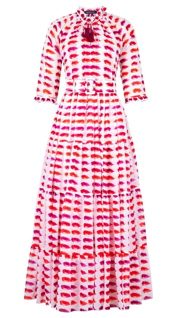 Samantha Sung Eva Dress Crew Neck 3/4 Sleeve Maxi Length Cotton Musola (Watercolor Lips)