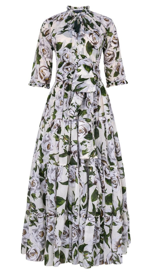 Samantha Sung Eva Dress Crew Neck 3/4 Sleeve Maxi Length Cotton Musola (White Rose Bright)