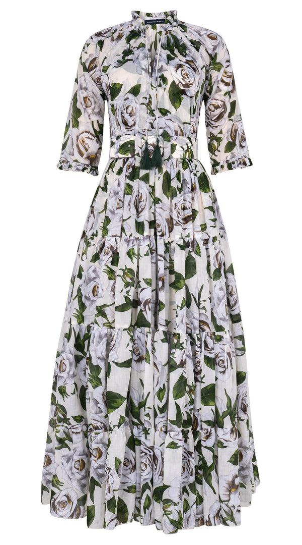 samantha sung Eva Dress Crew Neck 3/4 Sleeve Maxi Length Cotton Musola (White Rose Bright)