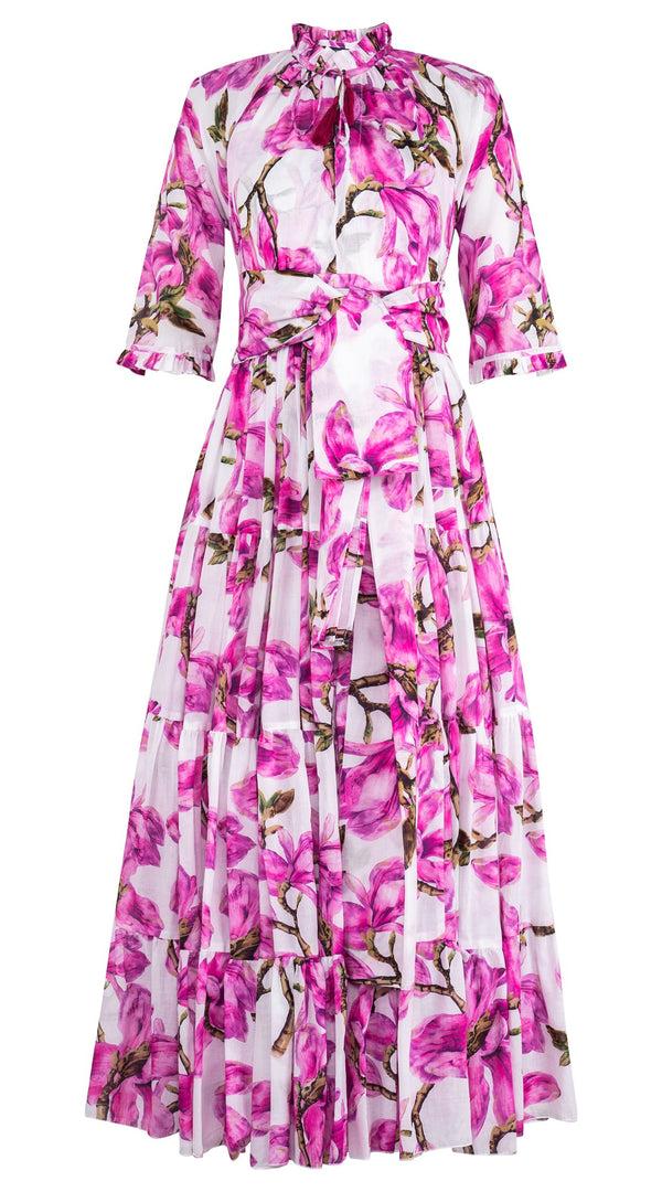 Samantha Sung Eva Dress Crew Neck 3/4 Sleeve Maxi Length Cotton Musola (Magnolia Blossom White)