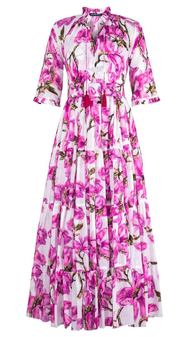 samantha sung Eva Dress Crew Neck 3/4 Sleeve Maxi Length Cotton Musola (Magnolia Blossom White)