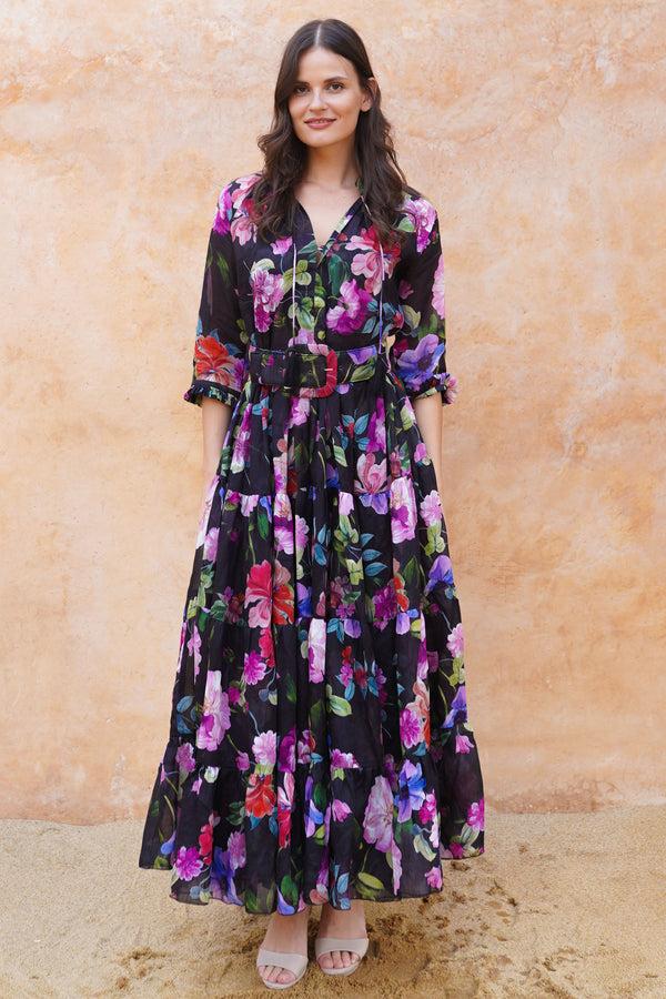 samantha sung Eva Dress Crew Neck 3/4 Sleeve Maxi Length Cotton Musola (Fiori Florance)