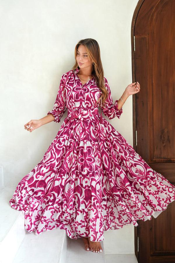 samantha sung Eva Dress Crew Neck 3/4 Sleeve Maxi Length Cotton Musola (Maiolica Blue Tile Small)