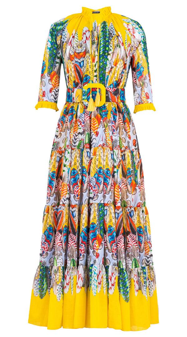 Samantha Sung Eva Dress Crew Neck 3/4 Sleeve Maxi Length Cotton Musola (African Feather)