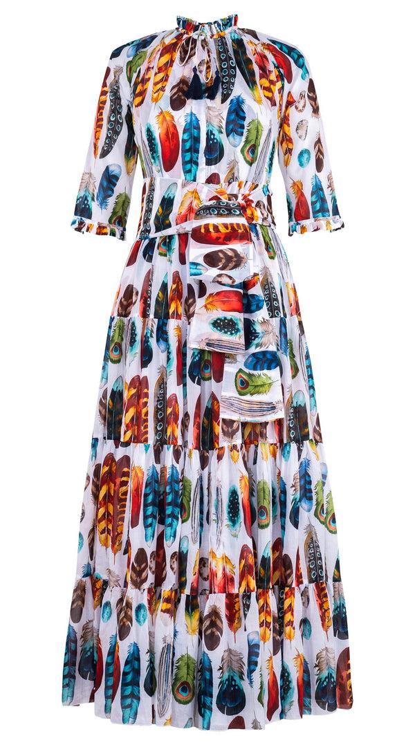 Samantha Sung Eva Dress Crew Neck 3/4 Sleeve Maxi Length Cotton Musola (Paradise Feather)