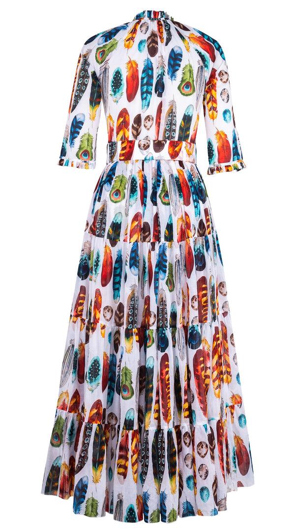 Samantha Sung Eva Dress Crew Neck 3/4 Sleeve Maxi Length Cotton Musola (Paradise Feather)