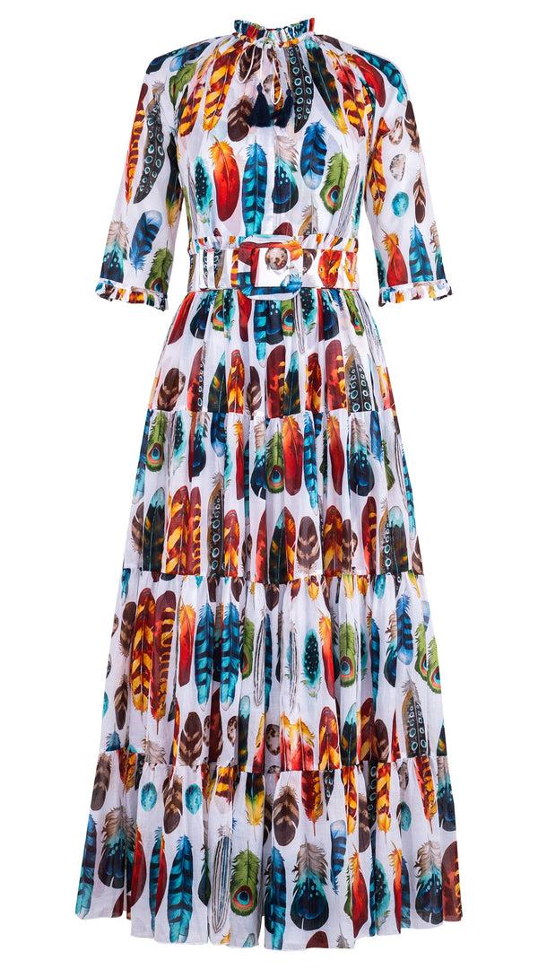 Samantha Sung Eva Dress Crew Neck 3/4 Sleeve Maxi Length Cotton Musola (Paradise Feather)