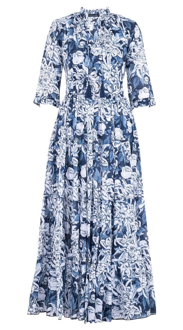 Samantha Sung Eva Dress Crew Neck 3/4 Sleeve Maxi Length Cotton Musola (Chrysanthemum Flower Big)