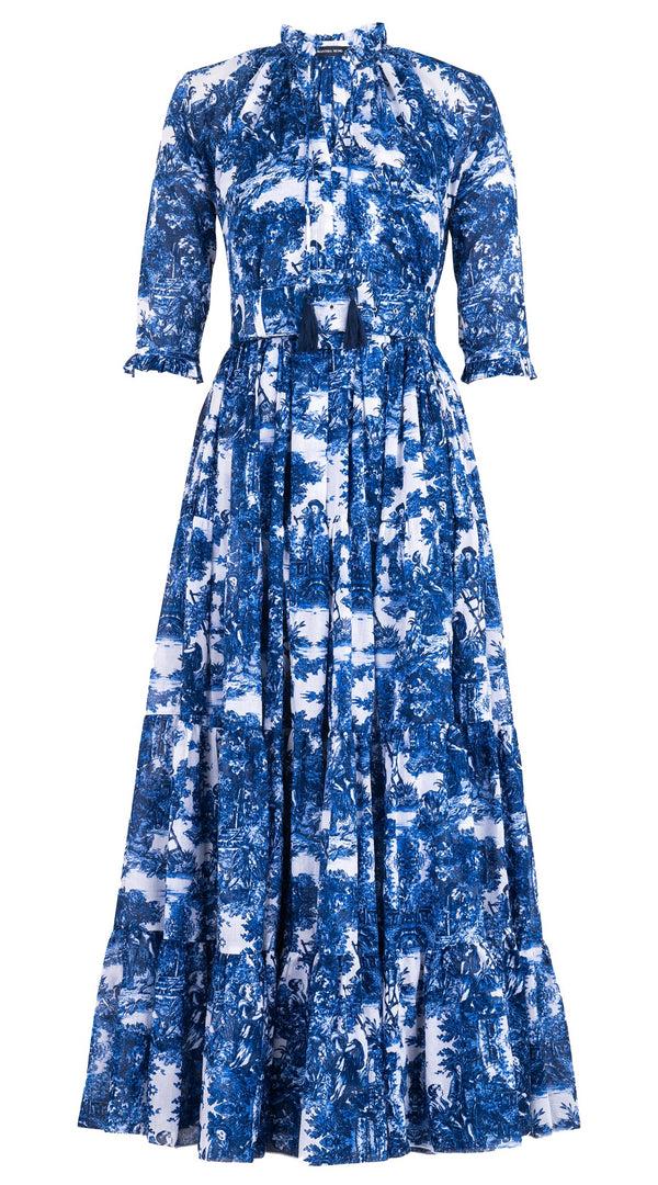 Samantha Sung Eva Dress Crew Neck 3/4 Sleeve Maxi Length Cotton Musola (Antilles Toile White)