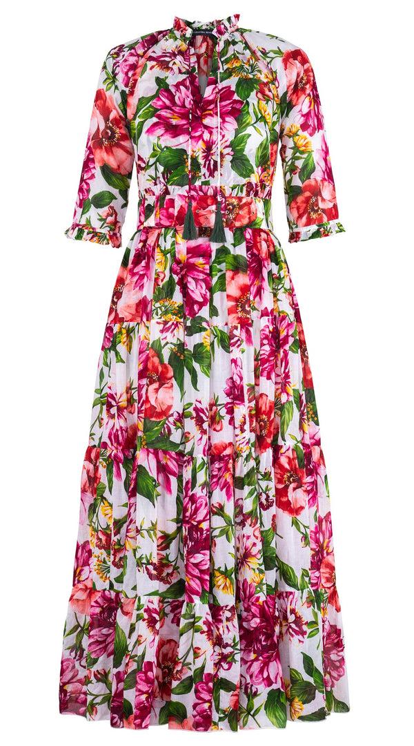 samantha sung Eva Dress Crew Neck 3/4 Sleeve Maxi Length Cotton Musola (Los Cabos Flower White)