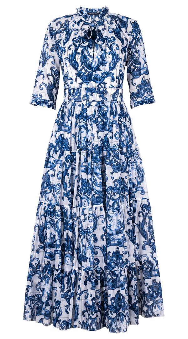 Samantha Sung Eva Dress Crew Neck 3/4 Sleeve Maxi Length Cotton Musola (Cherub Tile)