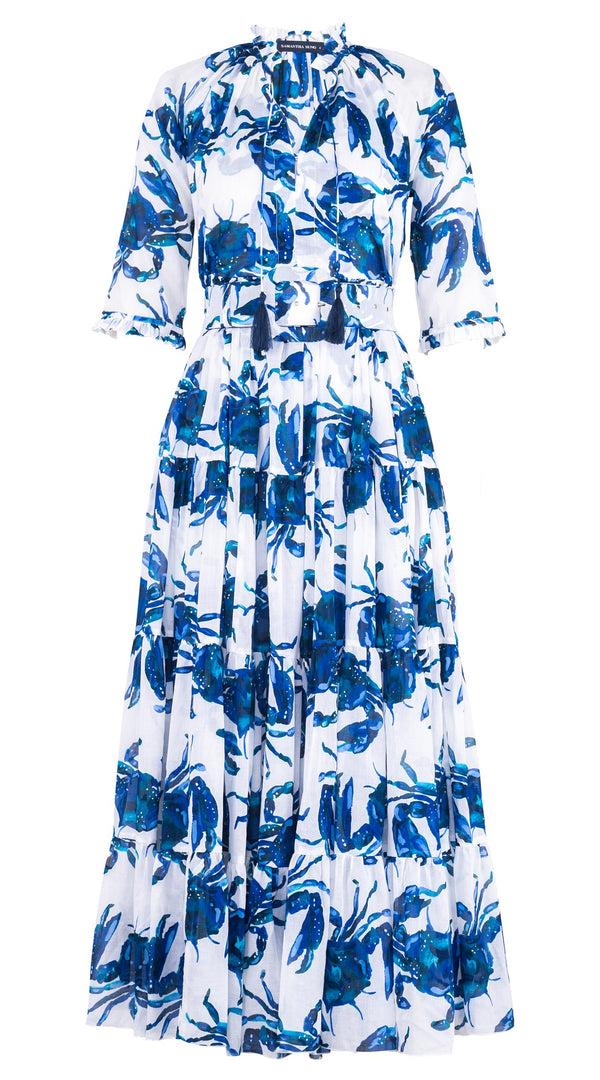 Samantha Sung Eva Dress Crew Neck 3/4 Sleeve Maxi Length Cotton Musola (Crab Art)