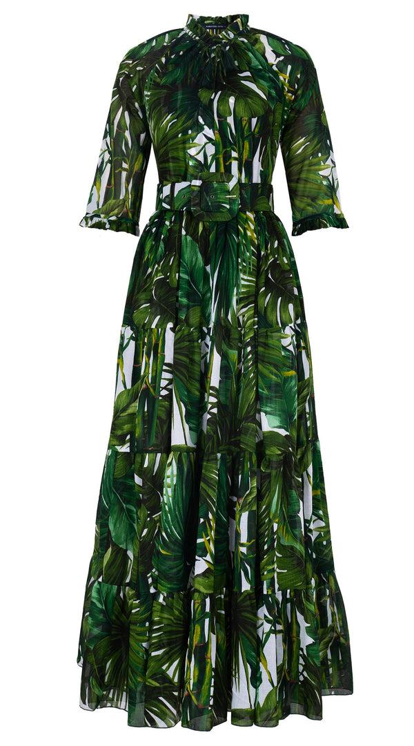Samantha Sung Eva Dress Crew Neck 3/4 Sleeve Maxi Length Cotton Musola (Honolulu Palm)