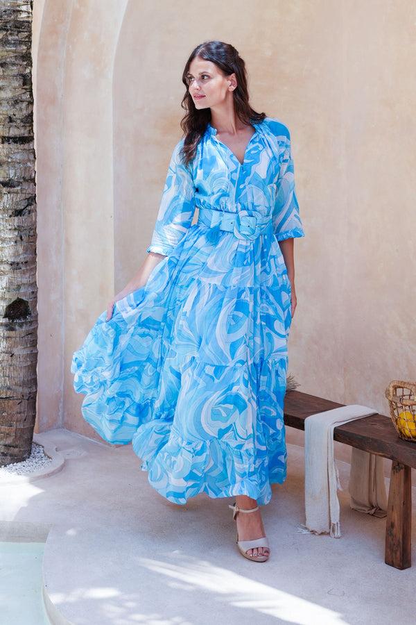 Samantha Sung Eva Dress Crew Neck 3/4 Sleeve Maxi Length Cotton Musola (Pucciesque Graphic)