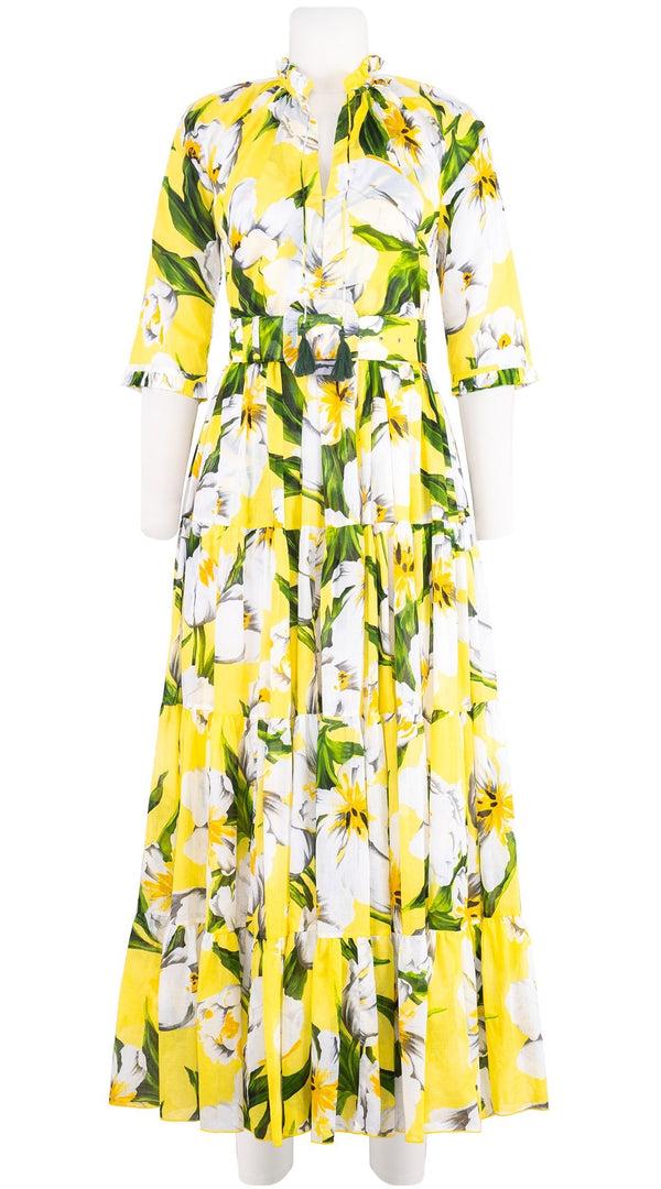 samantha sung Eva Dress Crew Neck 3/4 Sleeve Maxi Length Cotton Musola (Emperor Tulip Bright)