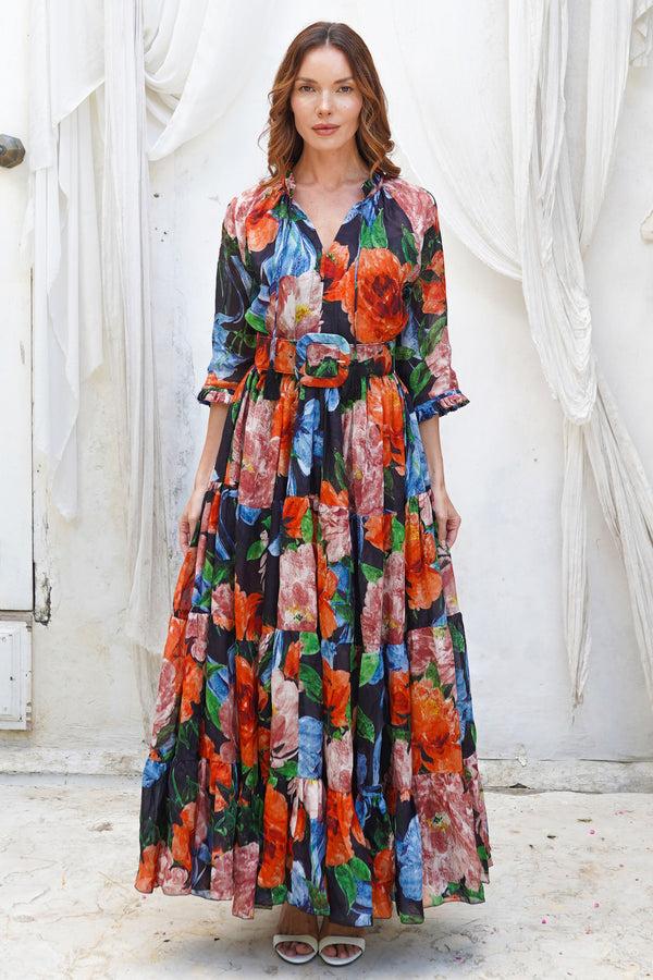 samantha sung Eva Dress Crew Neck 3/4 Sleeve Maxi Length Cotton Musola (Darby Rose Ground)