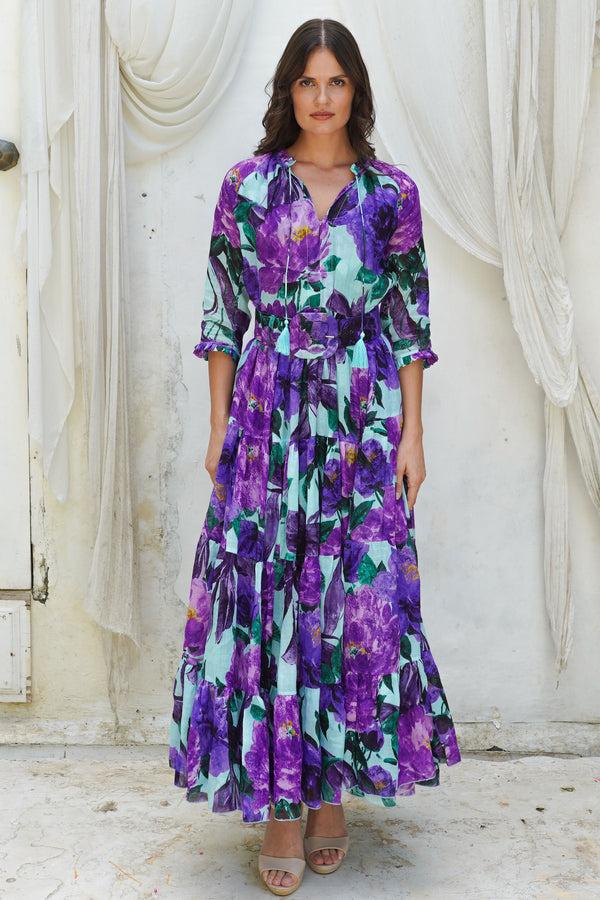 samantha sung Eva Dress Crew Neck 3/4 Sleeve Maxi Length Cotton Musola (Darby Rose Pastel)