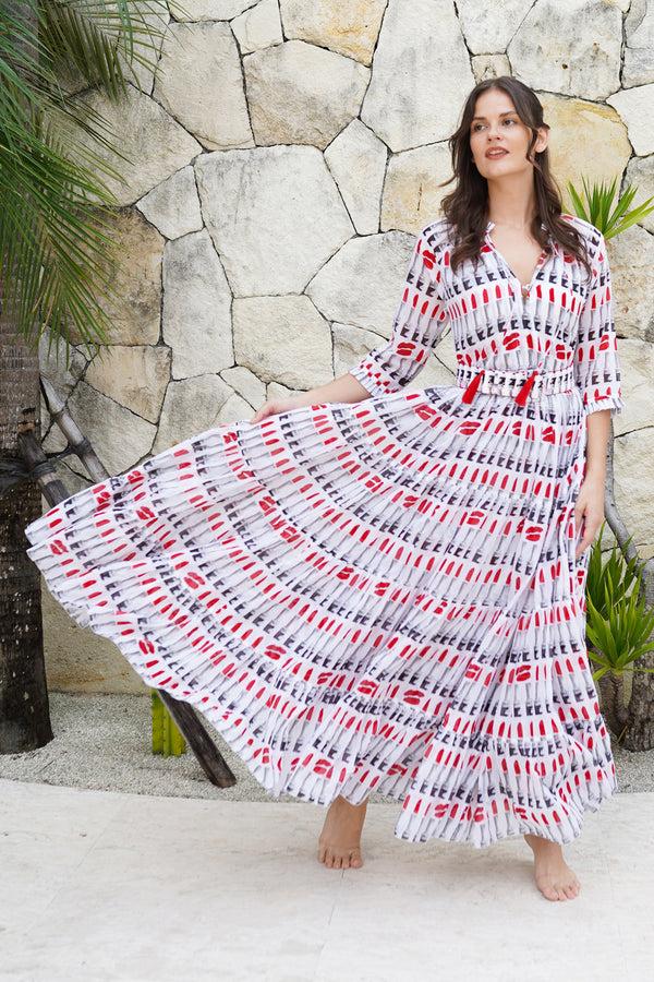 samantha sung Eva Dress Crew Neck 3/4 Sleeve Maxi Length Cotton Musola (Lipstic Rouge White)